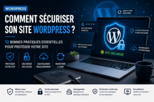 Illustration montrant comment sécuriser un site WordPress avec un bouclier, des sauvegardes, des mises à jour et l’authentification à deux facteurs.