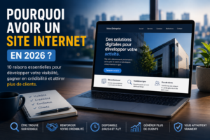 un ordinateur qui affiche un site internet avec le titre "Pourquoi avoir un site internet en 2026"